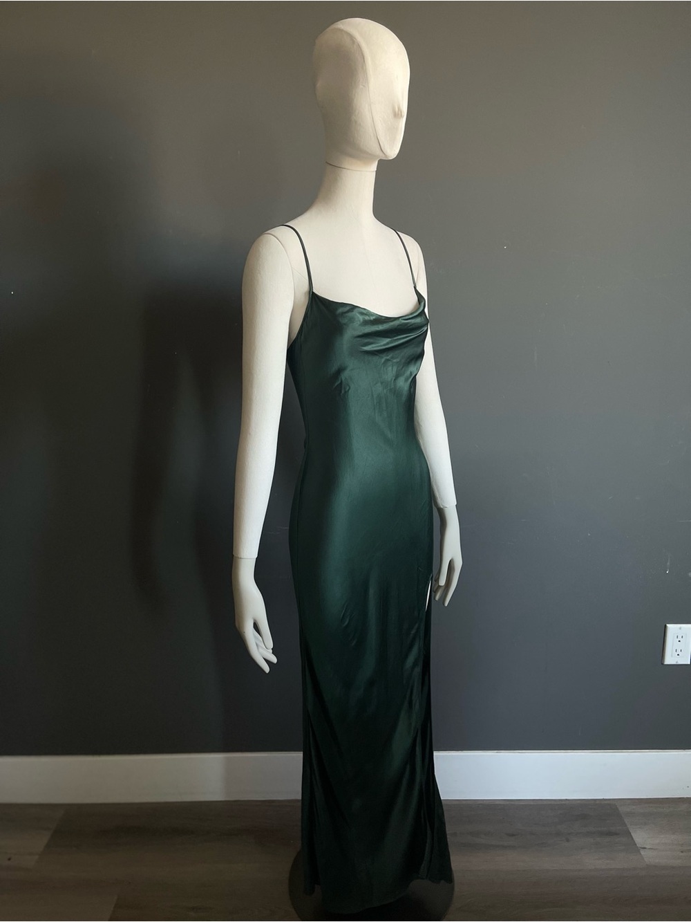 Sablyn Chase Emerald Green Silk Satin Cowl Neck Side Slit Maxi Slip Dress XS USA